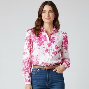 VINTAGE Crisp White & Pink Floral Blouse